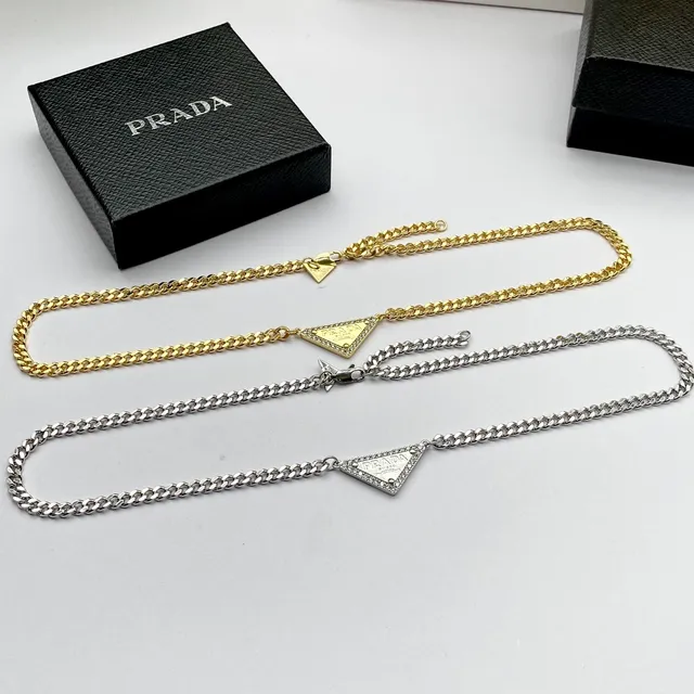 Prada Triangle Necklace Gold and Silver Tone Crystal Pendant Necklaces 7