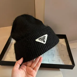 Prada Triangular Logo Patch Black Ribbed Knit Beanie