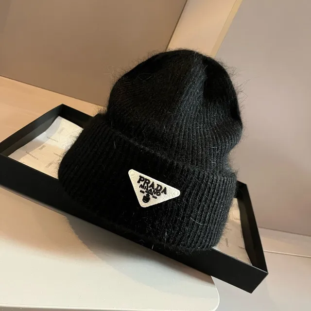 Prada Triangular Logo Patch Black Ribbed Knit Beanie 9