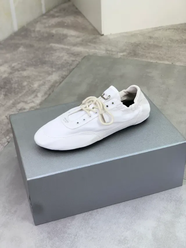 Prada White Beige Canvas Upper Minimalist Branding Lifestyle Sneakers 4