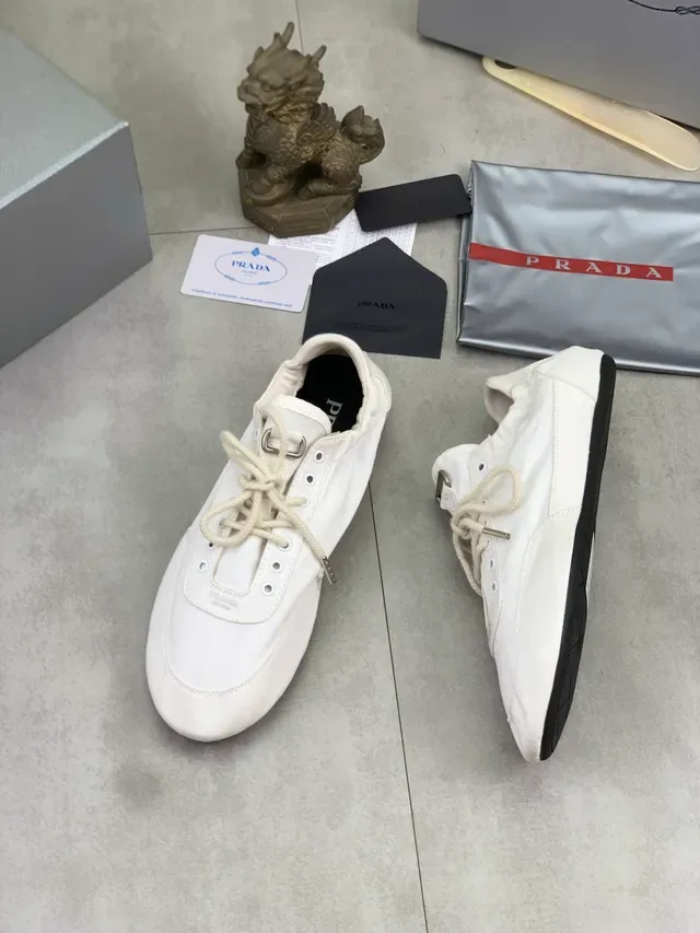 Prada White Beige Canvas Upper Minimalist Branding Lifestyle Sneakers 5
