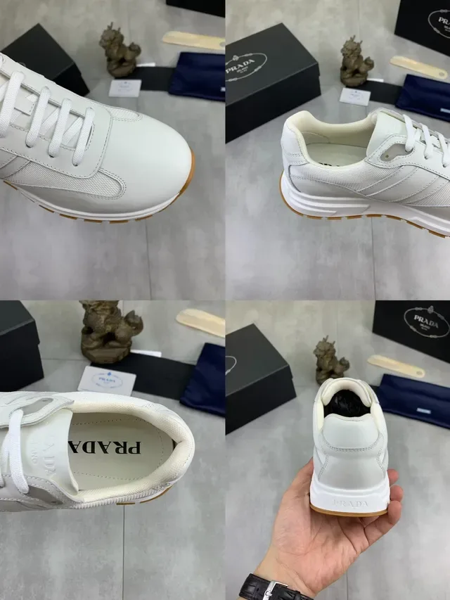 Prada White Beige Layered Mesh And Leather Upper Embossed Branding Lifestyle Sneakers 2