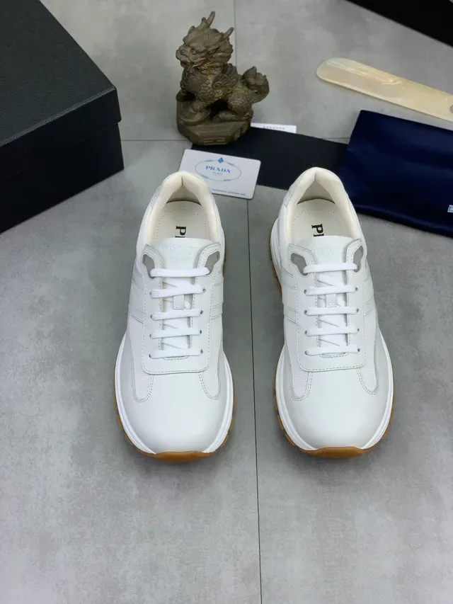 Prada White Beige Layered Mesh And Leather Upper Embossed Branding Lifestyle Sneakers 4