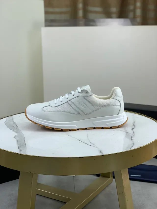 Prada White Beige Layered Mesh And Leather Upper Embossed Branding Lifestyle Sneakers 5
