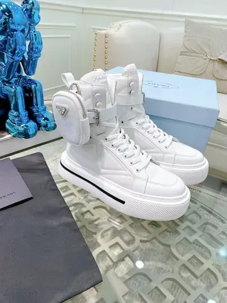 Prada White Black High-Top Platform Sole Lifestyle Sneakers 9