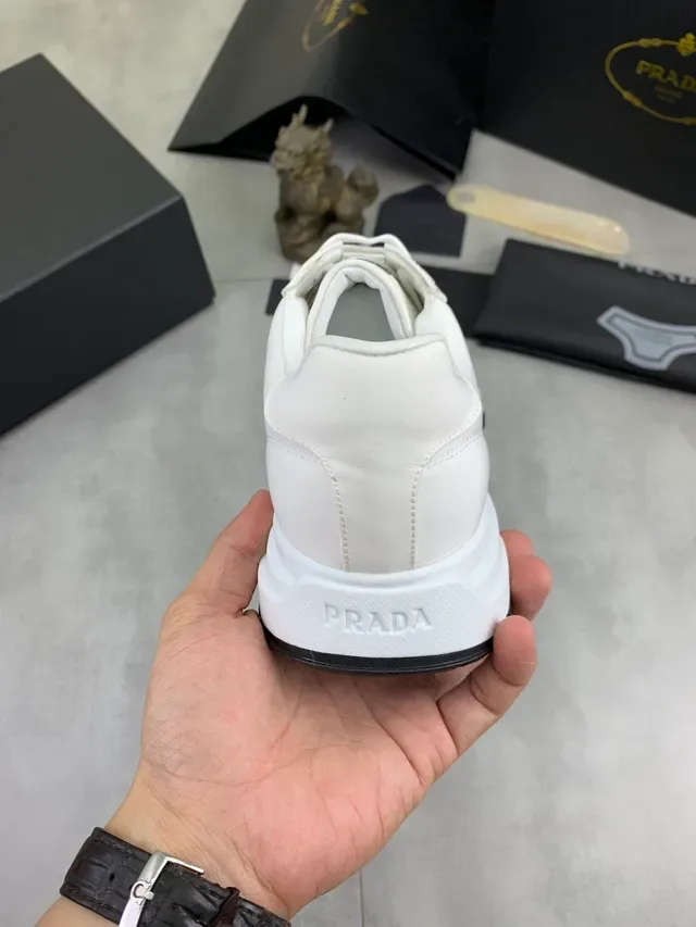 Prada White Black Leather Upper Triangular Metal Logo Lifestyle Sneakers 3