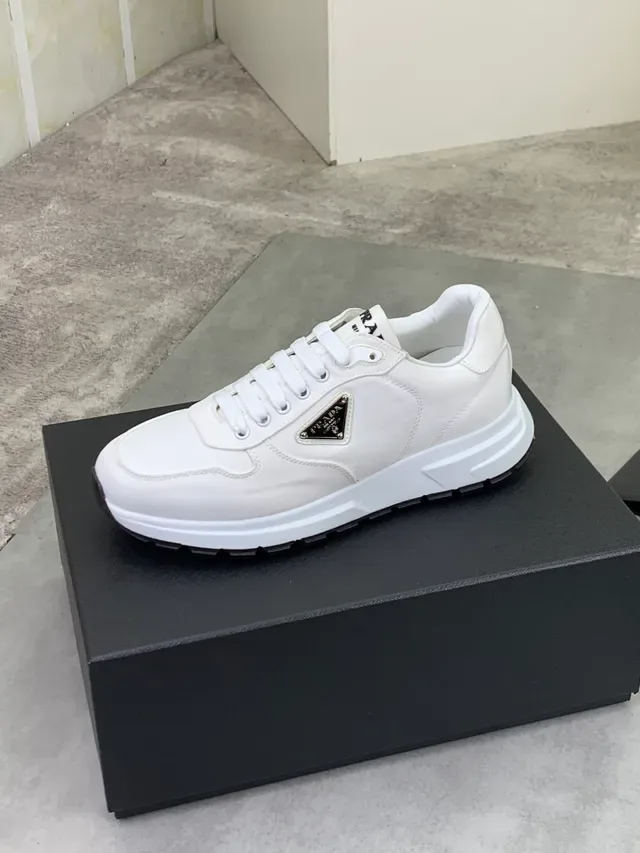 Prada White Black Leather Upper Triangular Metal Logo Lifestyle Sneakers 4