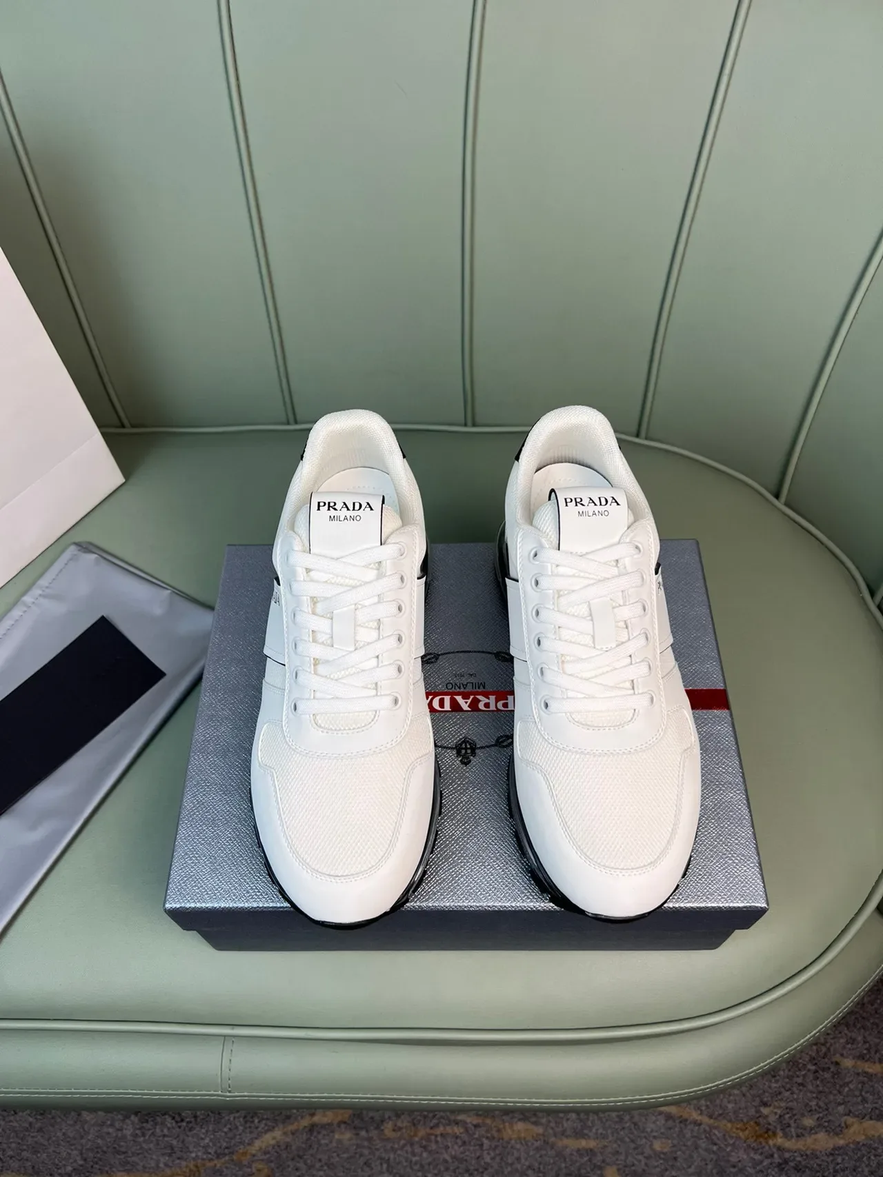 Prada White Black Mesh And Leather Upper Side Stripe Branding Lifestyle Sneakers 2