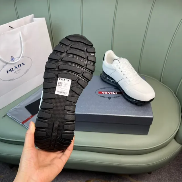 Prada White Black Mesh And Leather Upper Side Stripe Branding Lifestyle Sneakers 3