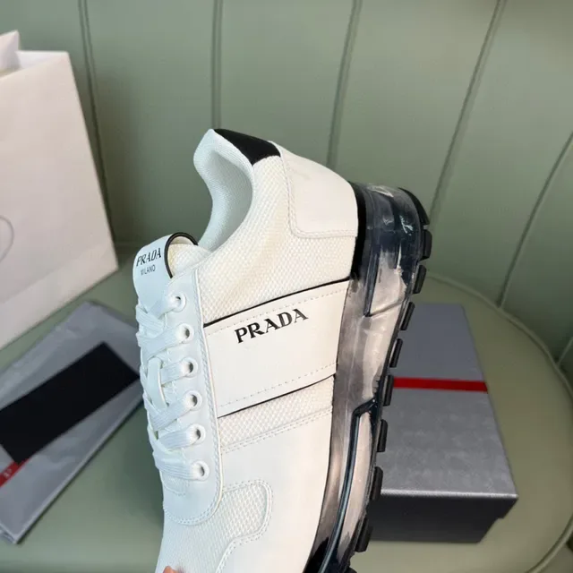 Prada White Black Mesh And Leather Upper Side Stripe Branding Lifestyle Sneakers 4