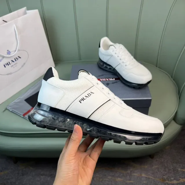 Prada White Black Mesh And Leather Upper Side Stripe Branding Lifestyle Sneakers 5