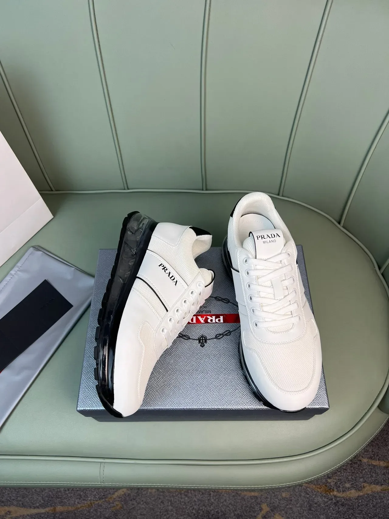 Prada White Black Mesh And Leather Upper Side Stripe Branding Lifestyle Sneakers 6