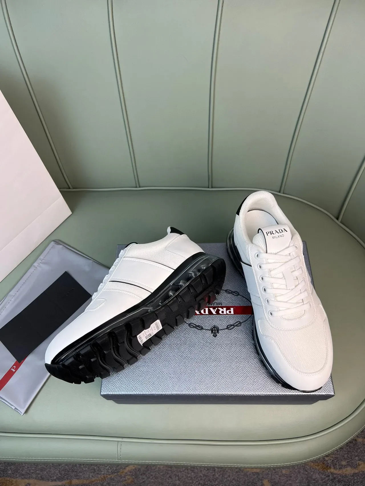 Prada White Black Mesh And Leather Upper Side Stripe Branding Lifestyle Sneakers 8