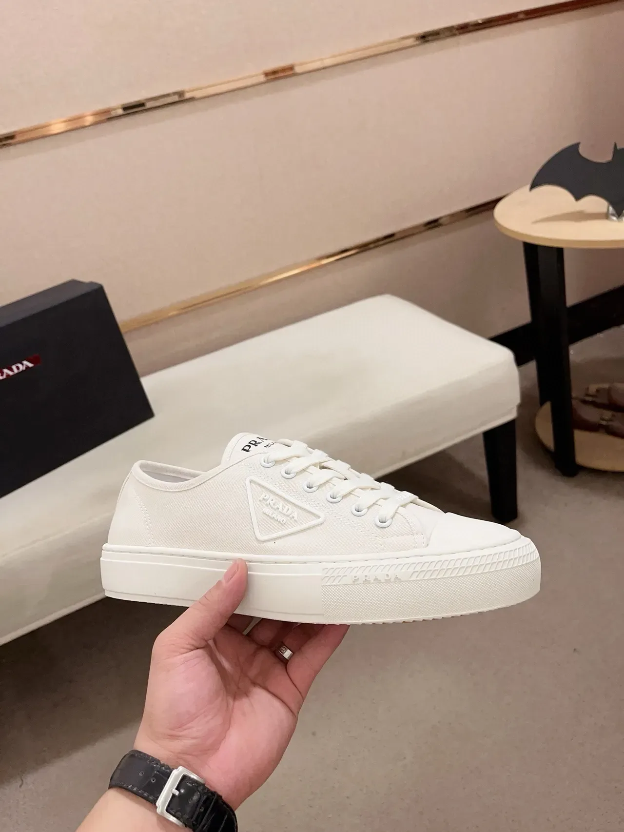 Prada White Canvas Upper Triangular Logo Patch Lifestyle Sneakers 5