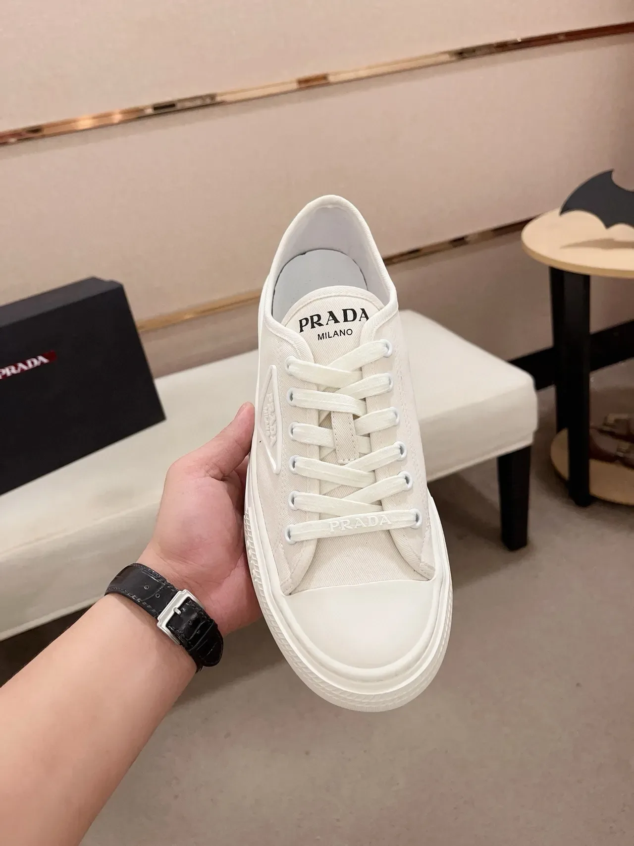 Prada White Canvas Upper Triangular Logo Patch Lifestyle Sneakers 6