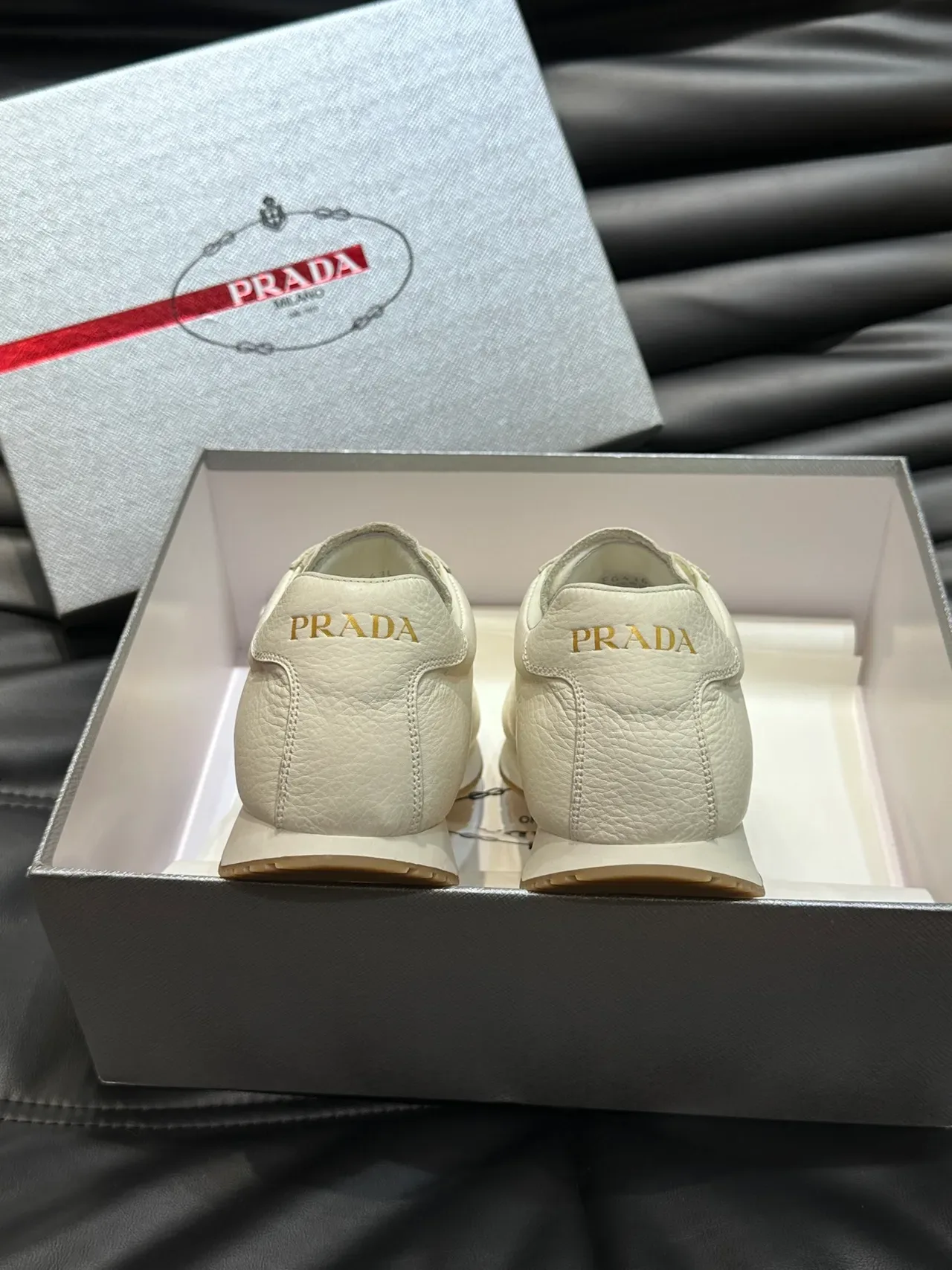 Prada White Gold Pebbled Leather Upper Triangular Logo Lifestyle Sneakers 4