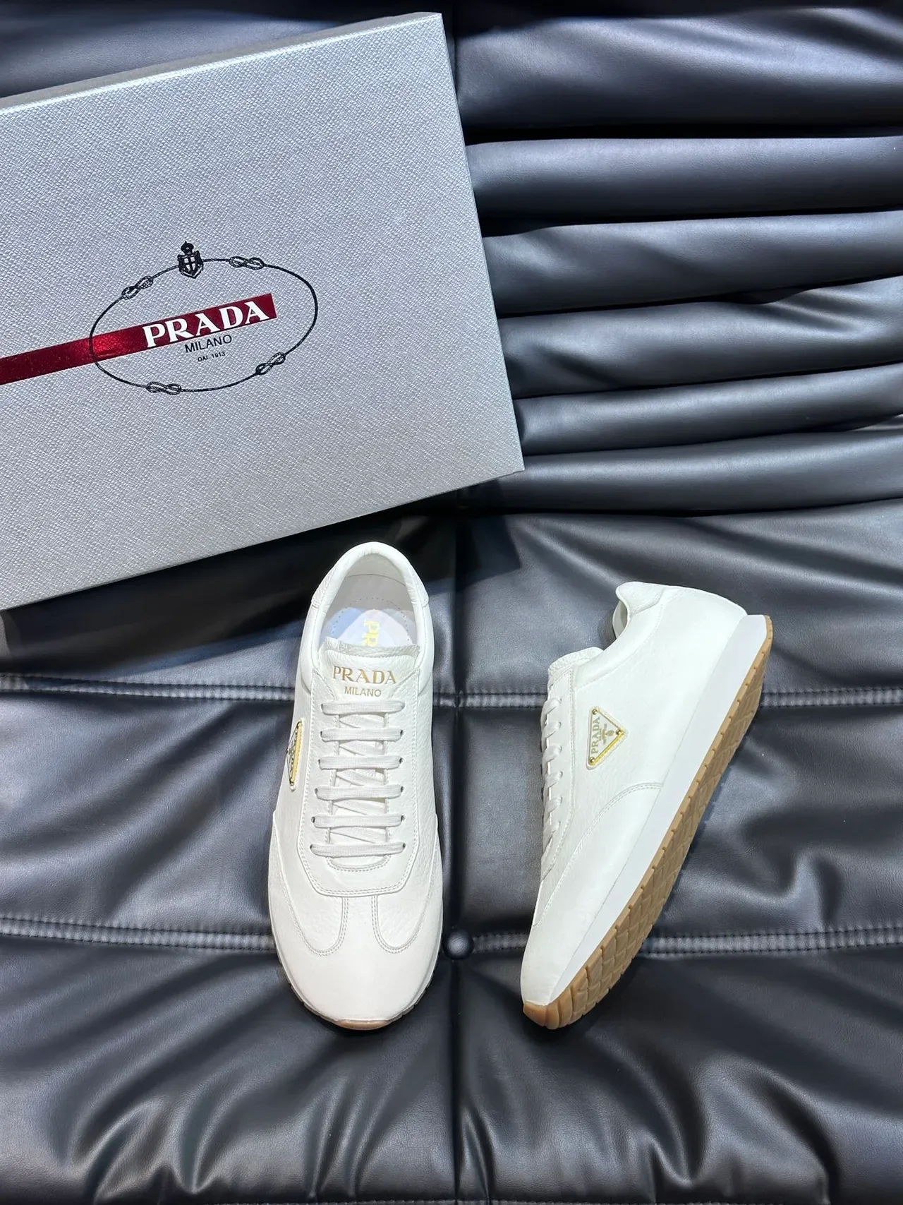 Prada White Gold Pebbled Leather Upper Triangular Logo Lifestyle Sneakers 5