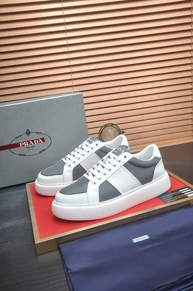 Prada White Gray Color-Blocked Mesh-and-Leather Paneling Lifestyle Sneakers 1