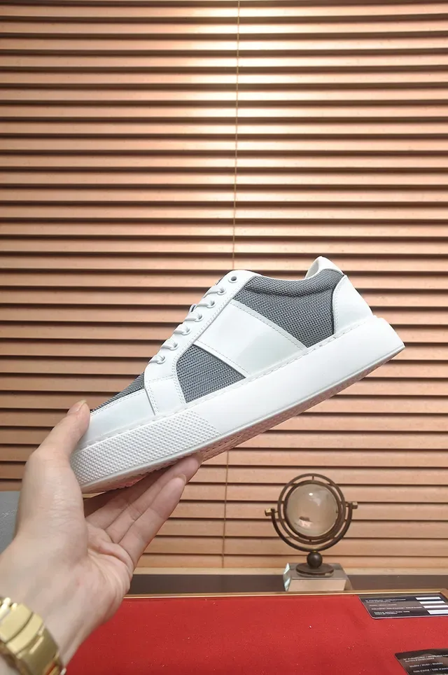 Prada White Gray Color-Blocked Mesh-and-Leather Paneling Lifestyle Sneakers 5
