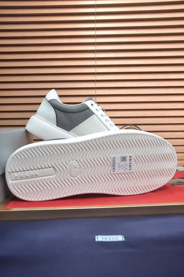 Prada White Gray Color-Blocked Mesh-and-Leather Paneling Lifestyle Sneakers 7