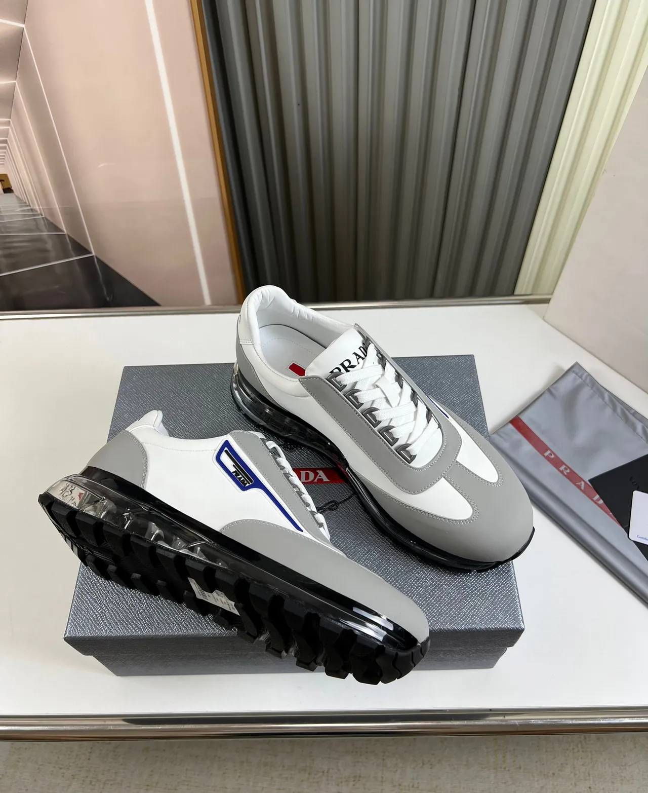 Prada White Gray Low-Top Layered Synthetic Upper Lifestyle Sneakers 5