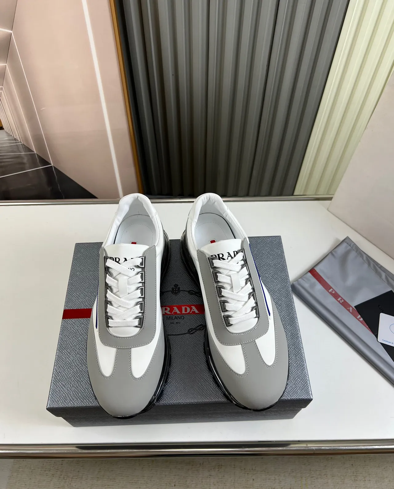 Prada White Gray Low-Top Layered Synthetic Upper Lifestyle Sneakers 7