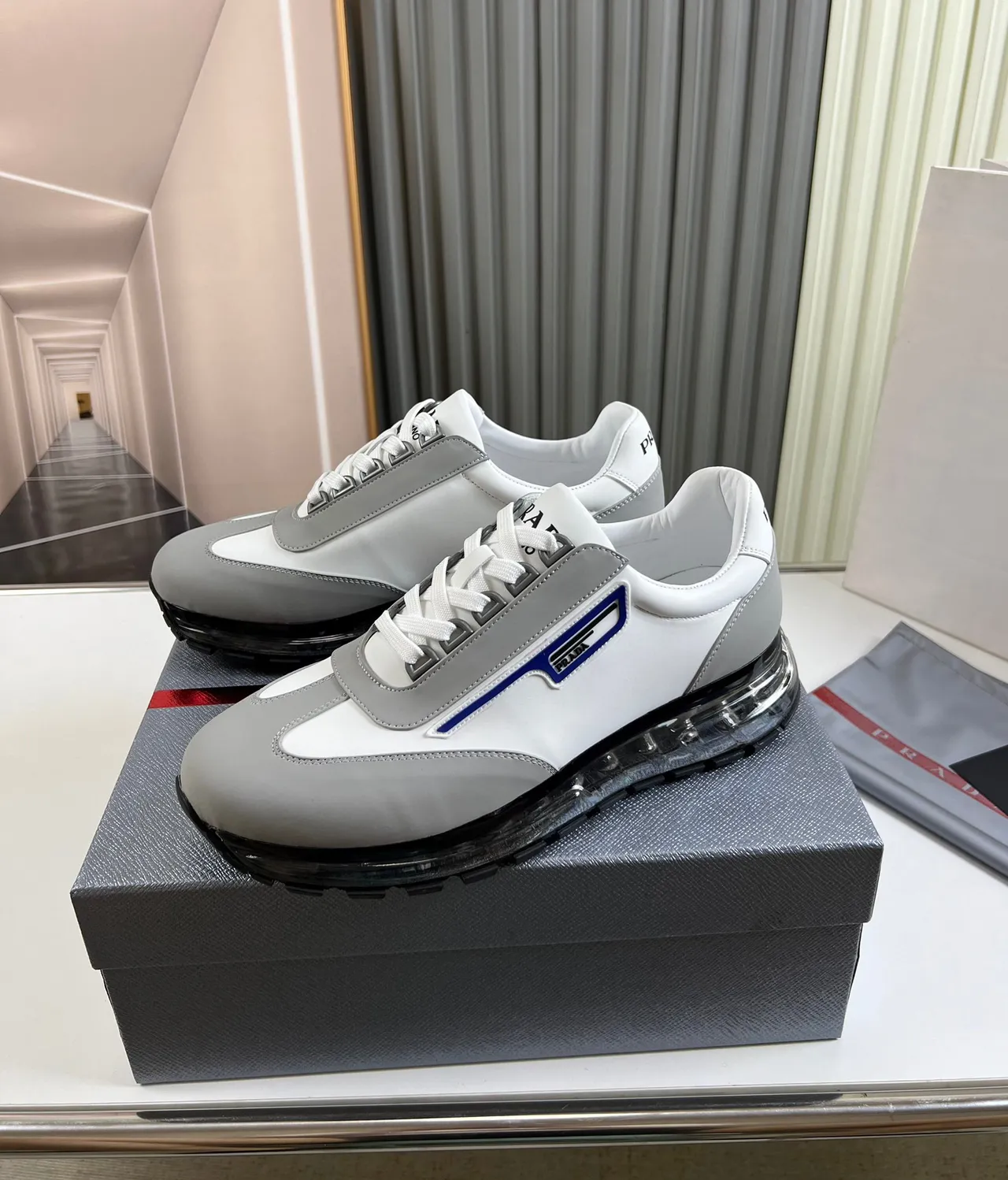 Prada White Gray Low-Top Layered Synthetic Upper Lifestyle Sneakers 9