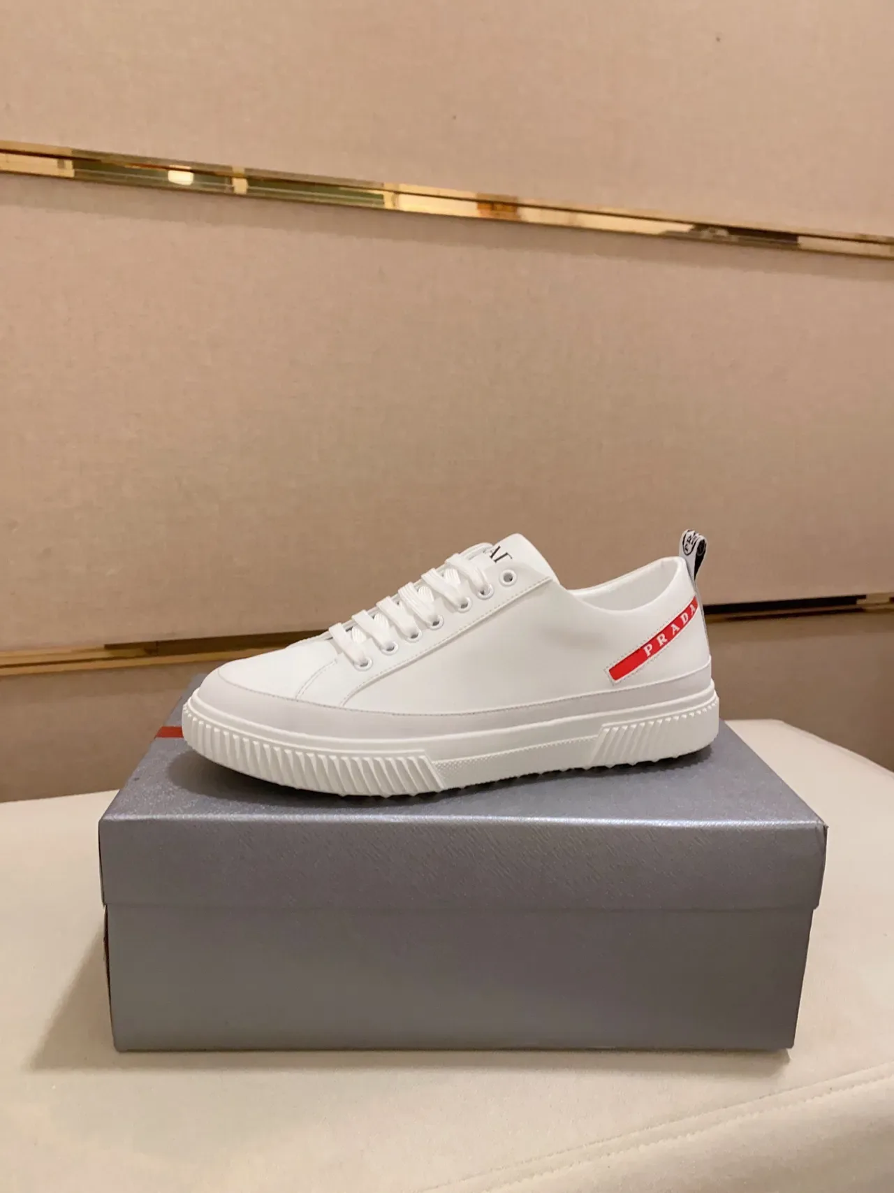 Prada White Leather-Like Upper Serrated Rubber Sole Edge Lifestyle Sneakers 2