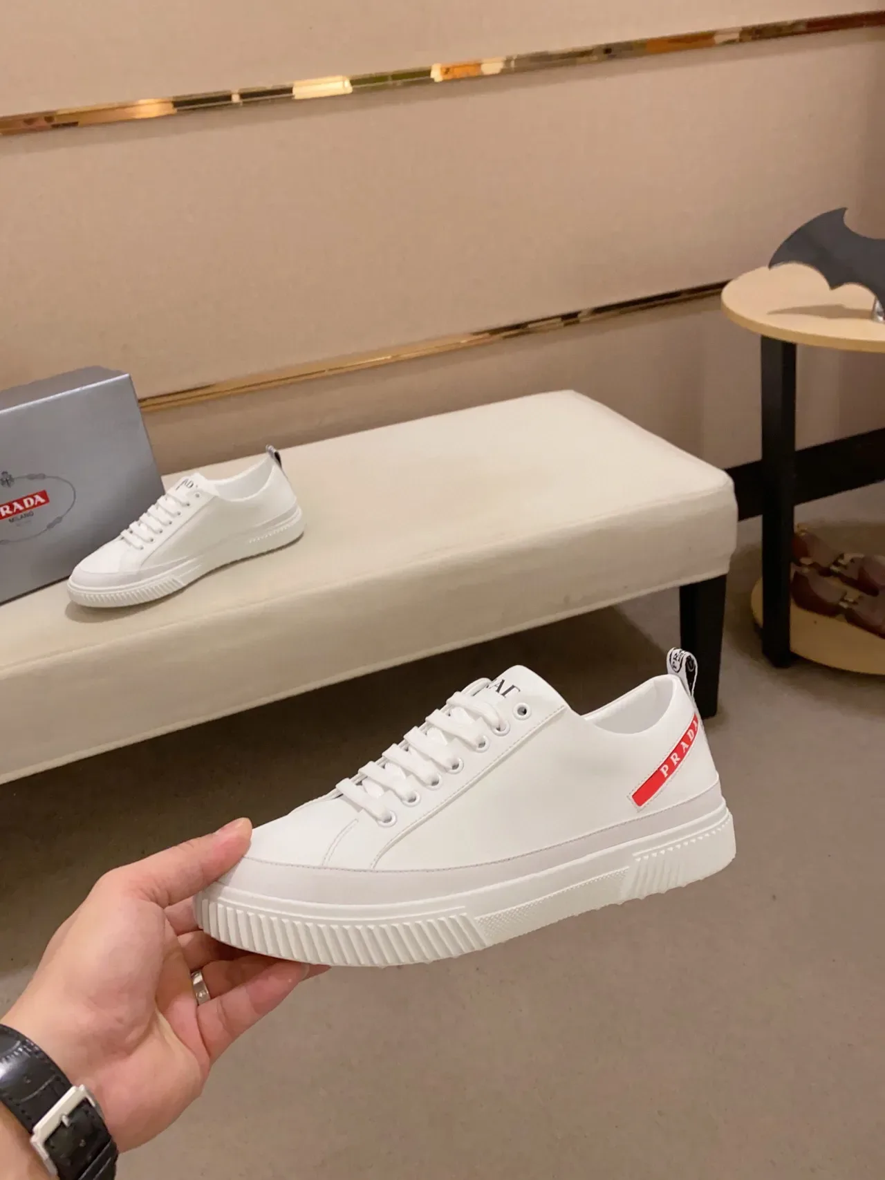 Prada White Leather-Like Upper Serrated Rubber Sole Edge Lifestyle Sneakers 3