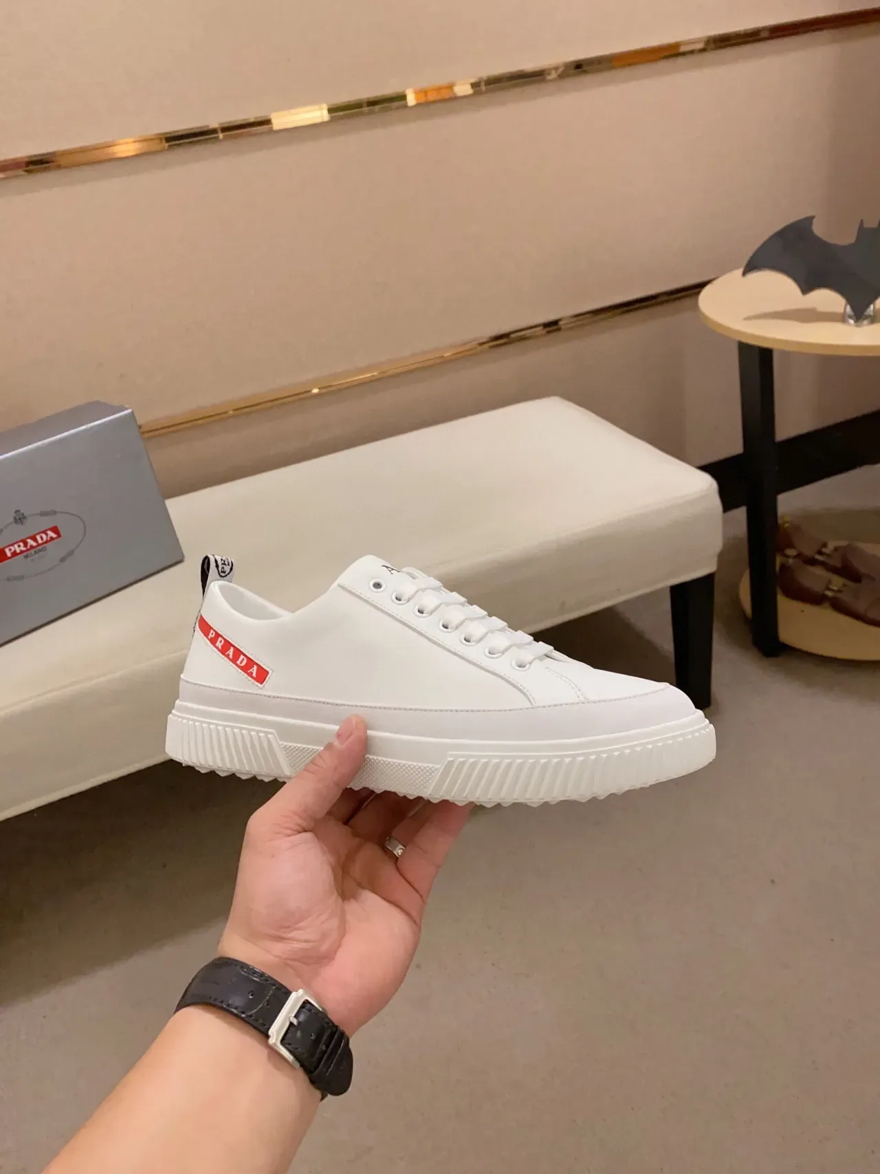 Prada White Leather-Like Upper Serrated Rubber Sole Edge Lifestyle Sneakers 4