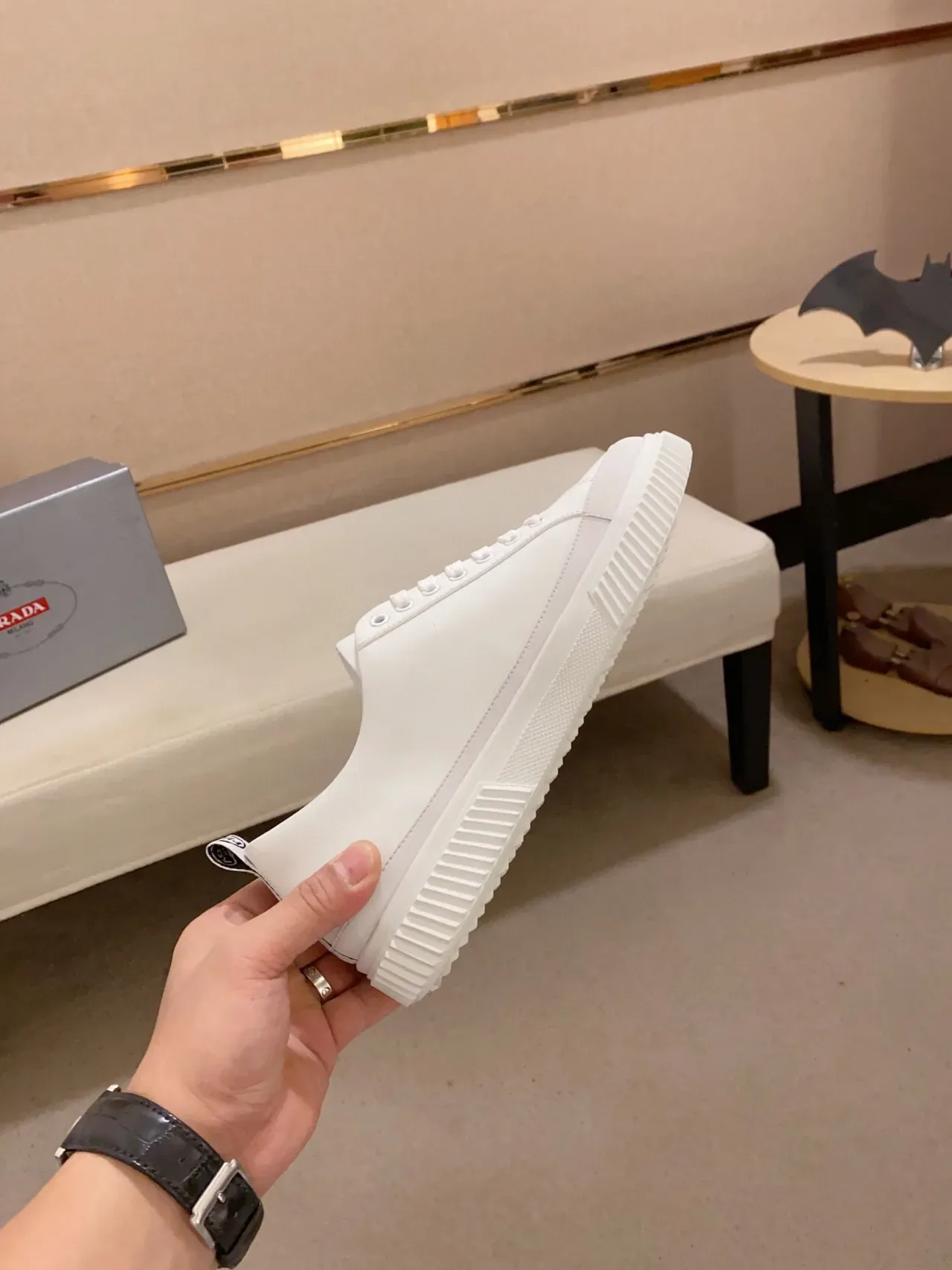 Prada White Leather-Like Upper Serrated Rubber Sole Edge Lifestyle Sneakers 5