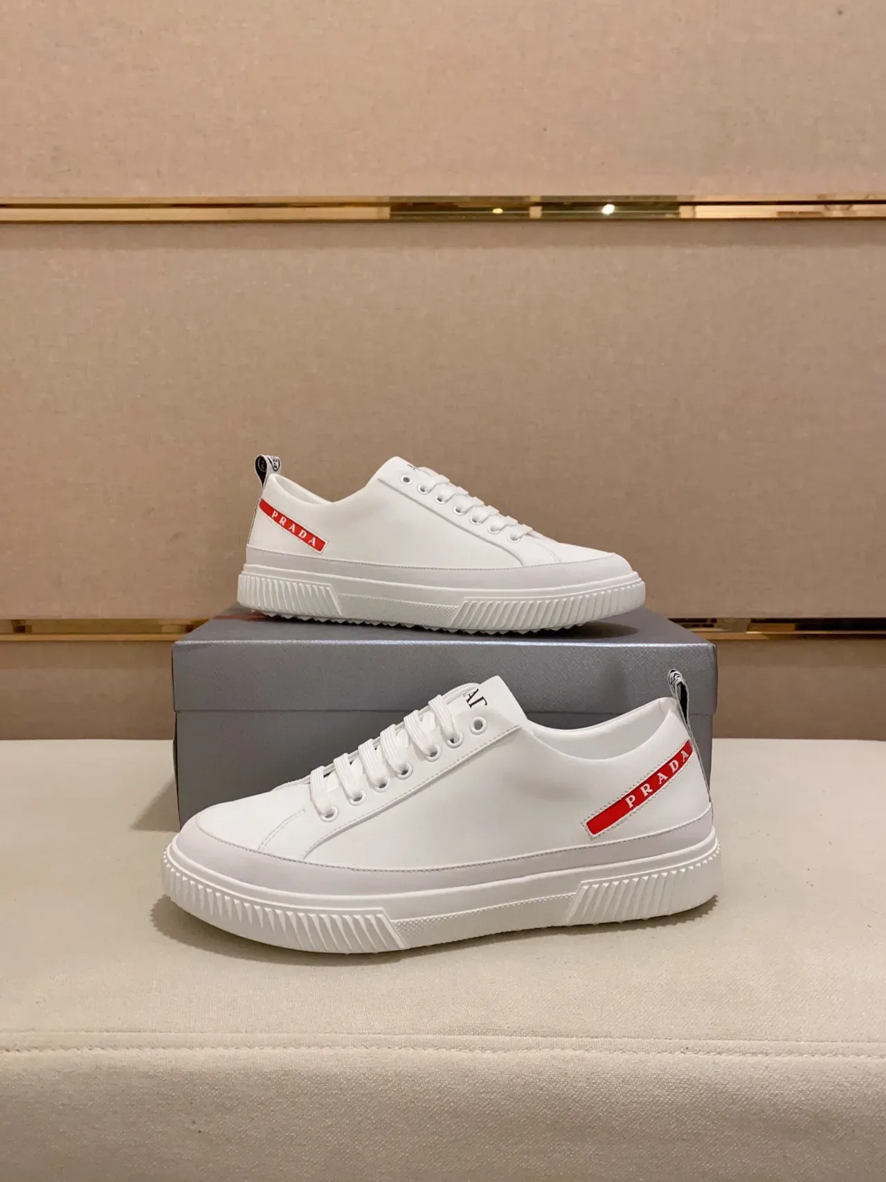 Prada White Leather-Like Upper Serrated Rubber Sole Edge Lifestyle Sneakers 7