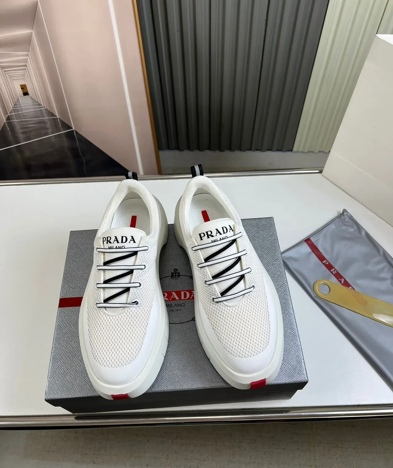 Prada White Red Mesh Upper Platform Sole Chunky Sneakers 9