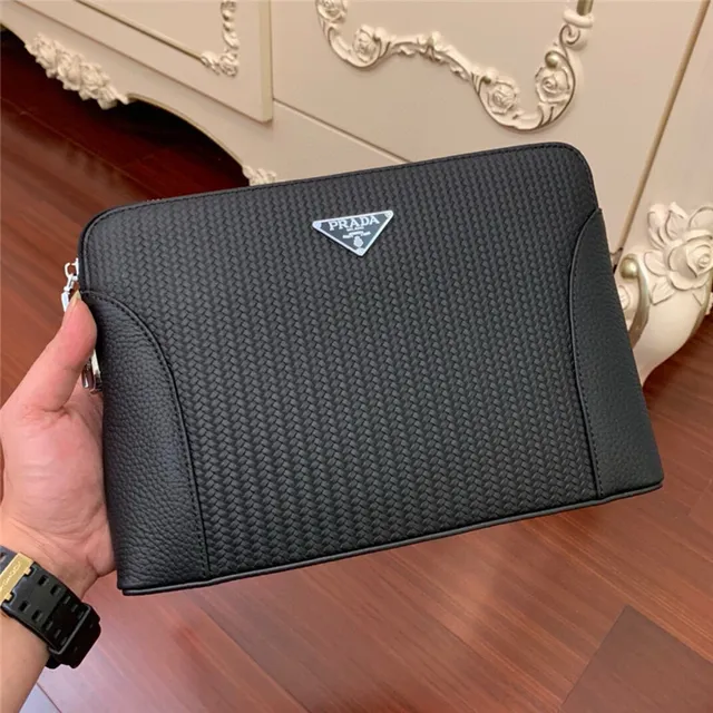 Prada Woven Leather Black Envelope Clutch 8