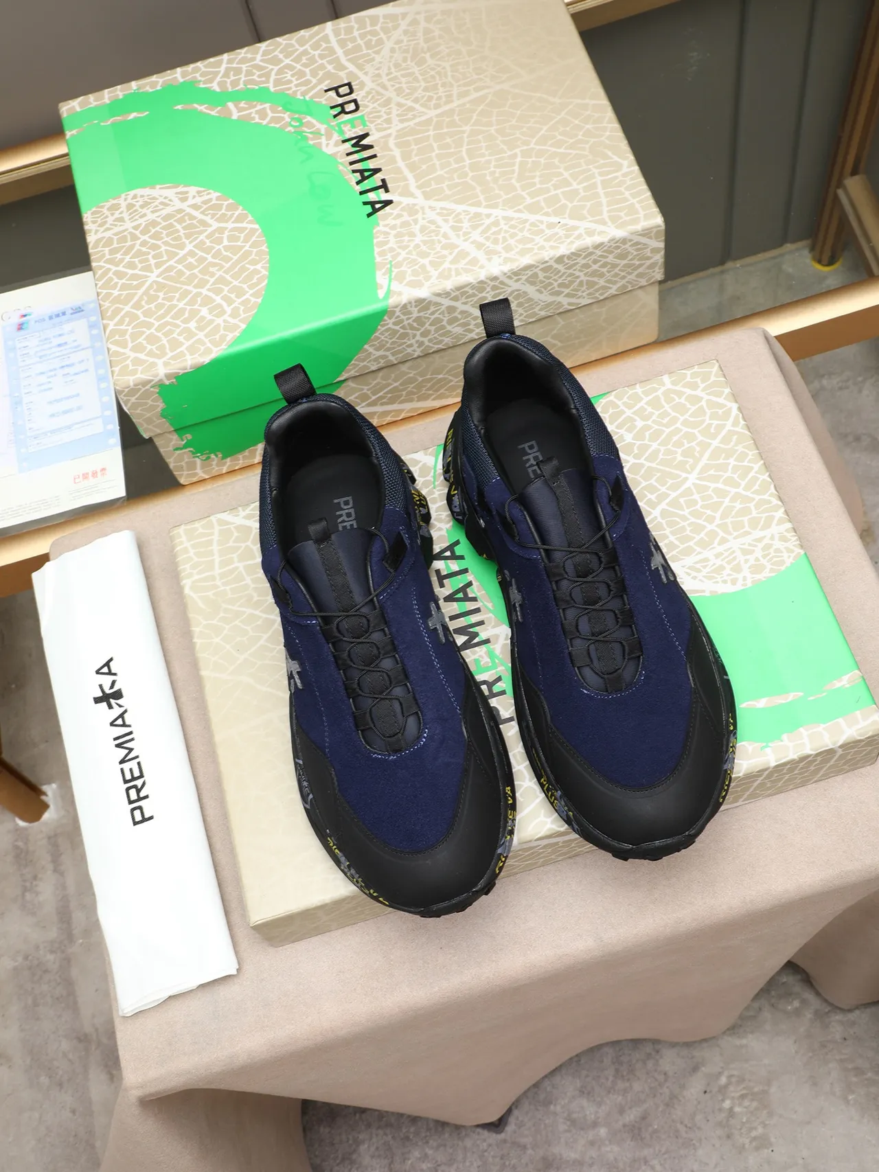 Premiata Navy Black بدون رباط إغلاق حزام وسط مصقول مطاط حذاء رياضي كبير 2