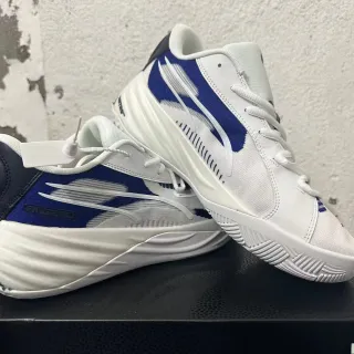 Puma All-Pro Nitro White Blue Layered Mesh And Synthetic Upper Sculpted Midsole Basketball Shoes