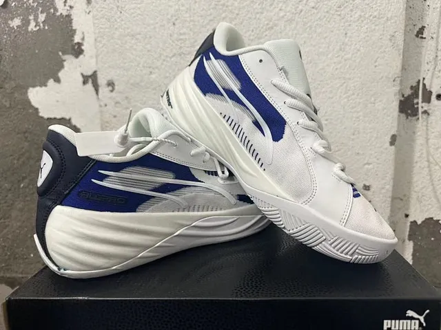Puma All-Pro Nitro Blanco Azul Malla Capa Y Superior Sintético Suela Media Esculpida Zapatillas de Baloncesto 2