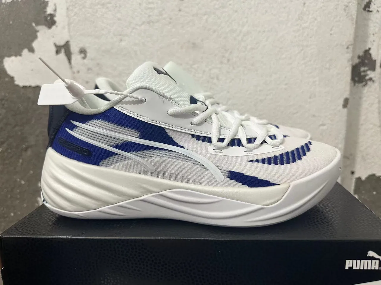 Puma All-Pro Nitro Blanco Azul Malla Capa Y Superior Sintético Suela Media Esculpida Zapatillas de Baloncesto 5