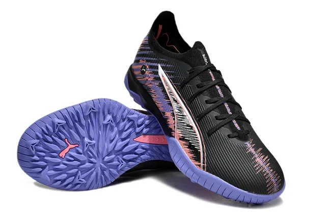 Puma Noir Violet Profil Bas Haut Tricoté Lacets Asymétriques Gazon Chaussures de Football 4