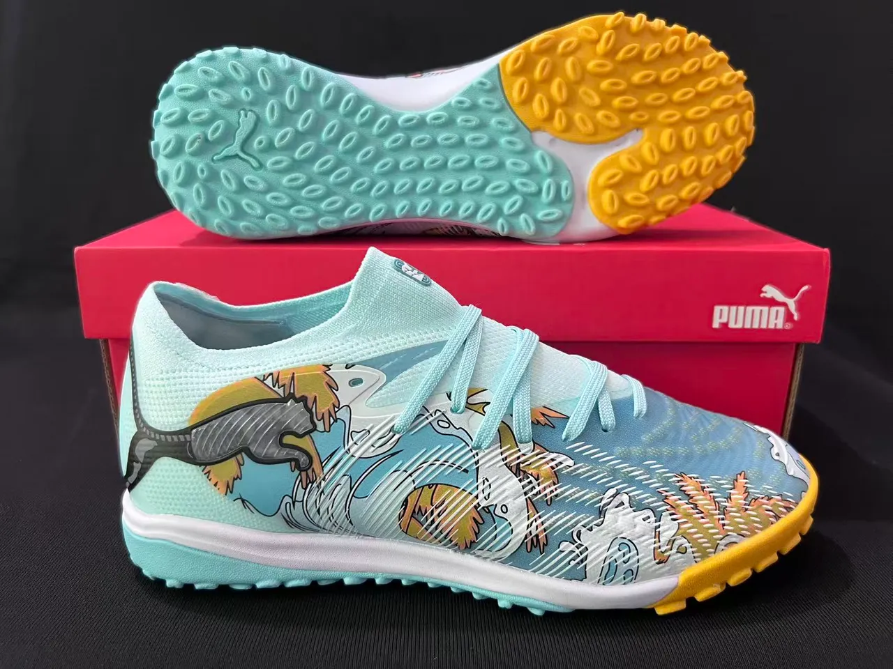 Puma Blue Multicolor Knit Upper Graphic-Print Side Panel Turf Soccer Shoes 6