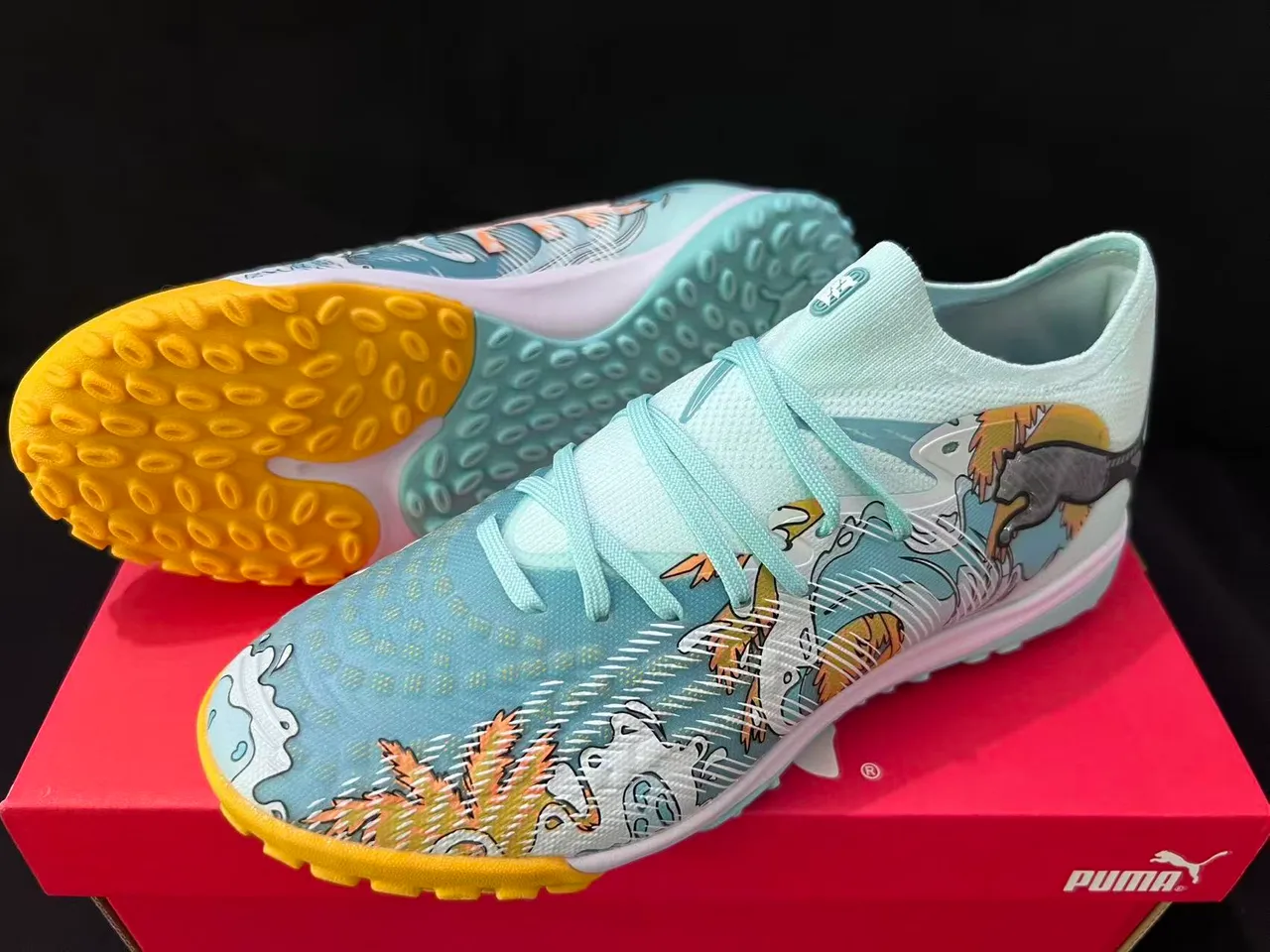 Puma Blue Multicolor Knit Upper Graphic-Print Side Panel Turf Soccer Shoes 8