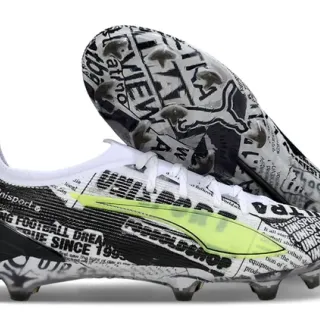 Puma Future Z White Black Newspaper-Print Graphic Upper Asymmetric Lacing Firm-Ground Soccer Shoes