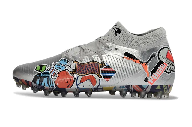 Puma Chaussures de football argent multicolore upper en tricot métallique impression graffiti overlay terrain ferme 7