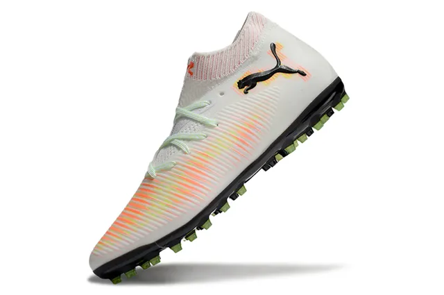 Puma Blanc Orange Haut-Coupé Col Ajustement Chaussette Rayures Dynamiques Haut Supérieur Gazon Chaussures de Football 3