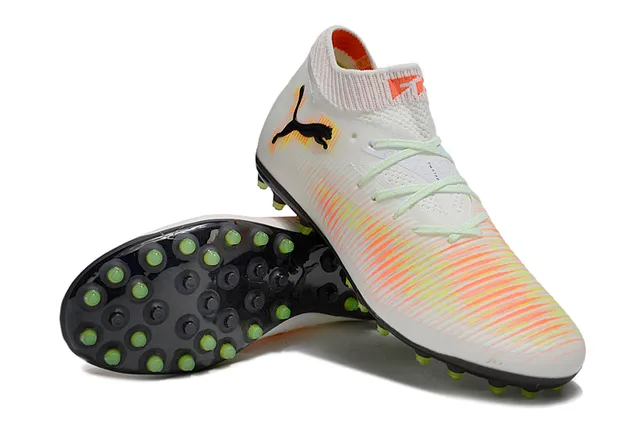 Puma Blanc Orange Haut-Coupé Col Ajustement Chaussette Rayures Dynamiques Haut Supérieur Gazon Chaussures de Football 4