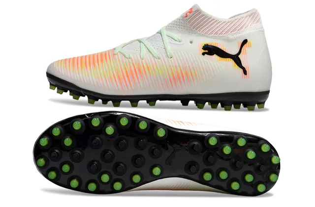 Puma Blanc Orange Haut-Coupé Col Ajustement Chaussette Rayures Dynamiques Haut Supérieur Gazon Chaussures de Football 6