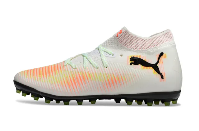 Puma Blanc Orange Haut-Coupé Col Ajustement Chaussette Rayures Dynamiques Haut Supérieur Gazon Chaussures de Football 7