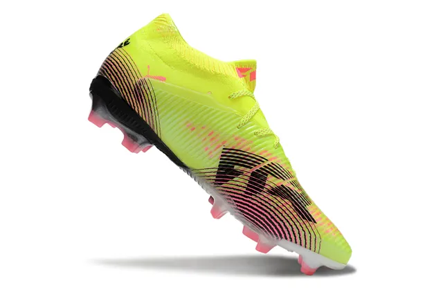 Puma Jaune Rose Partie supérieure synthétique côtelée Col en forme de chaussette Terrain ferme Chaussures de football 2