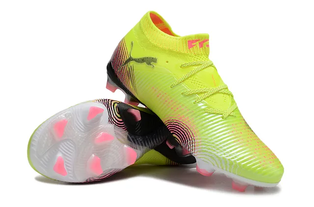 Puma Jaune Rose Partie supérieure synthétique côtelée Col en forme de chaussette Terrain ferme Chaussures de football 4