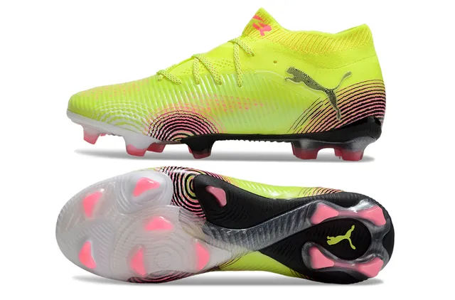 Puma Jaune Rose Partie supérieure synthétique côtelée Col en forme de chaussette Terrain ferme Chaussures de football 6